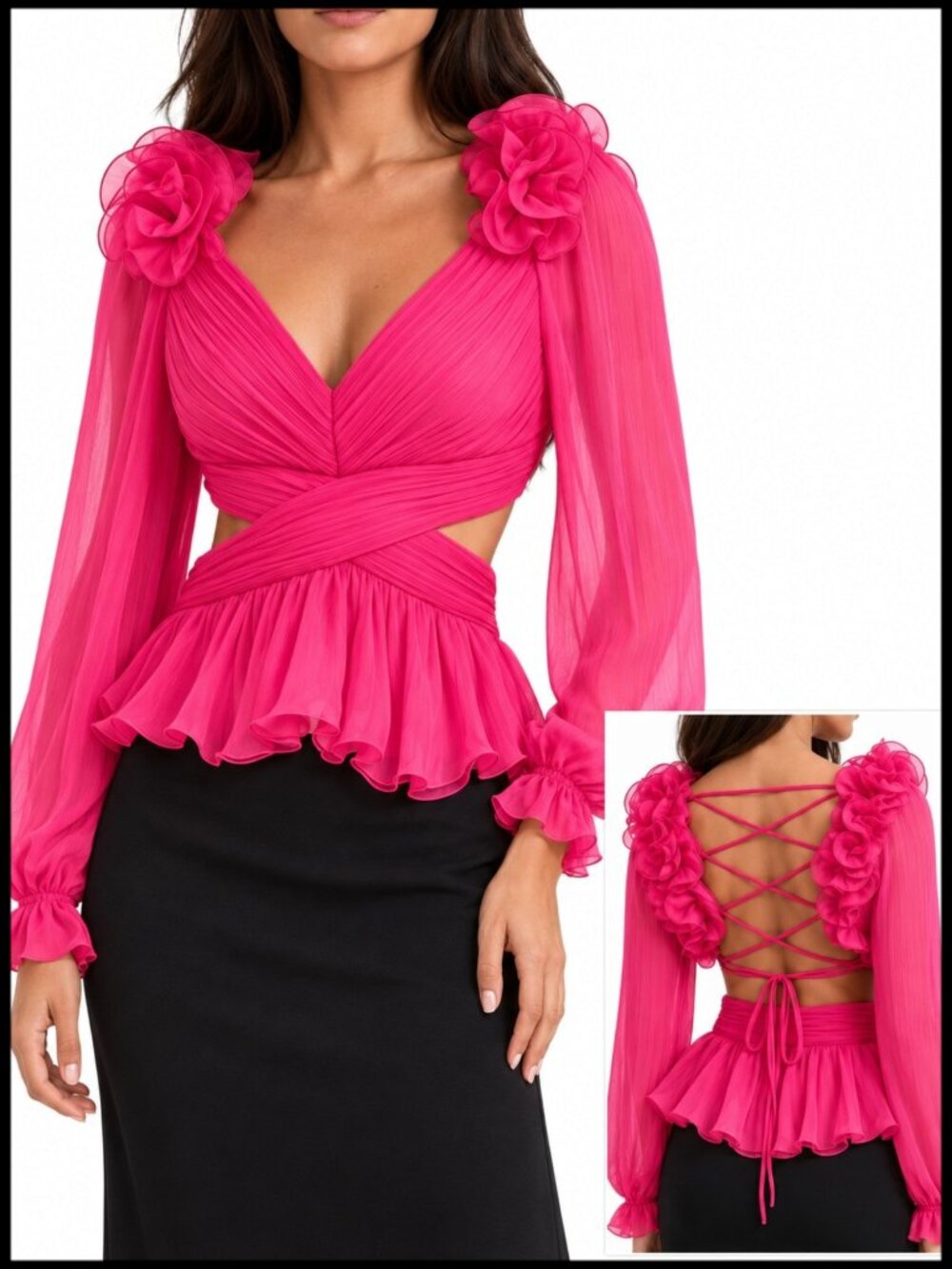 VICI Collection Blouse Hot Pink Peplum Lace Up Back XS